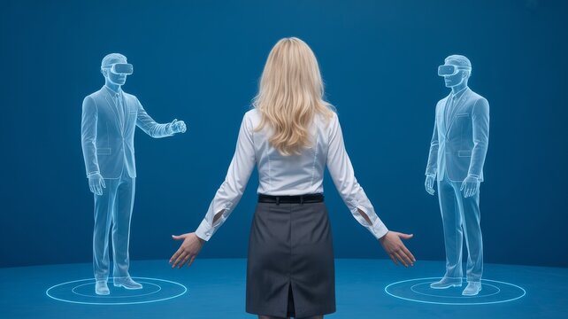 A woman interacts with two holographic business figures wearing VR headsets in a futuristic virtual reality environment.