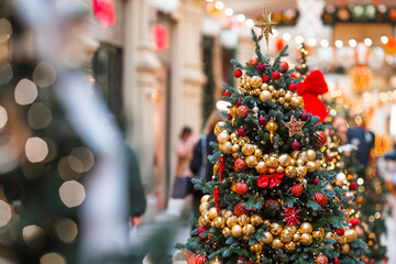 Holiday toys in red and gold colors on the New Year's tree. New Year's card 2026. Atmospheric...
