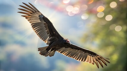 Obraz premium Vulture Flying with Spread Wings and Colorful Blurred Background
