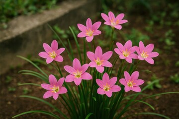 Tiny Zephyranthes flowers blossom at the garden's edge.