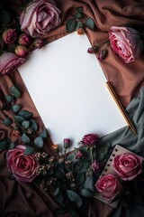 A blank piece of paper with a pen on it is surrounded by flowers