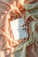A blank piece of paper is on a pink and yellow fabric. Invitation mockup