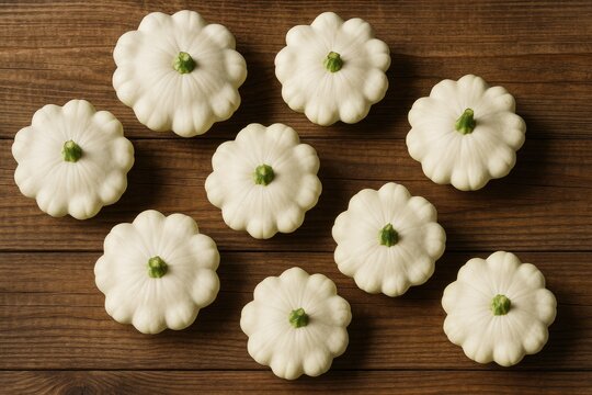 Fresh white patissons with vibrant green stems resting on a rustic wooden surface