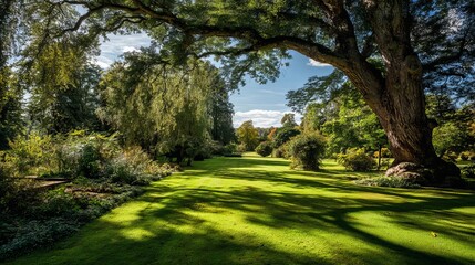 Obraz premium Lush green garden with towering trees casting shadows on a sunny day.