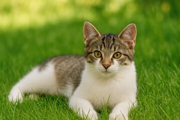 Adorable kitten lounging peacefully on the lawn