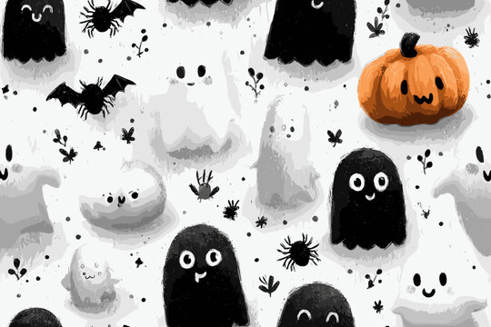 Seamless pattern of adorable hand-drawn ghosts and colorful rainbows, whimsical black ink line art with soft pastel accents 