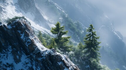**Snow on mountain with greenery themes like trees, textured landscape of jagged rocks, snowy ledges, and lush alpine conifers under cold sky