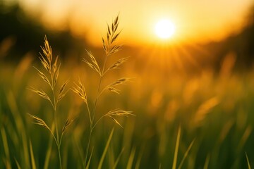 Close-up of yellow grass illuminated by sunrise or sunset with sun rays