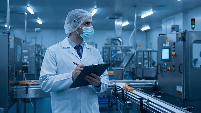 Male Professional Wearing Protective Gear in a Modern Food Processing Factory Interior Inspecting and Writing on a Clipboard with Blue Tones and Equipment