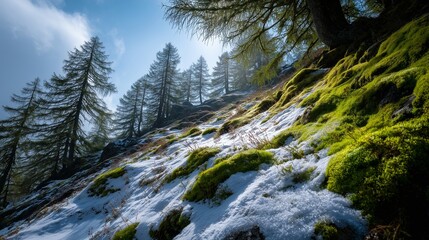 **Snow on mountain with greenery themes like trees, fresh snow layered over mossy ground and spruce trees on a cold mountain hillside