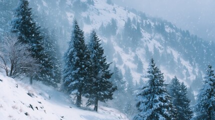 **Snow on mountain with greenery themes like trees, winter forest at mountain base with tall green trees poking through heavy snow cover