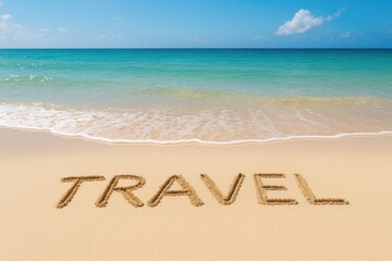 Fototapeta premium Message Inscribed on the Shoreline of a Sunny Beach