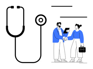 Stethoscope beside two professionals shaking hands while discussing documents. Ideal for healthcare, teamwork, partnership, trust, innovation, consultation, diagnosis themes. Clean simple flat