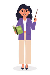 Teacher holding a book and pointer, smiling while engaging students in a classroom setting.character in flat style isolated on white background.Vector illustration.