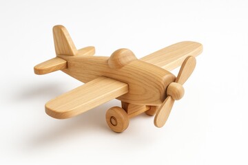 A handcrafted wooden airplane displayed against a plain white surface