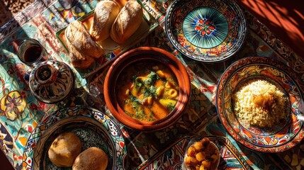 Traditional moroccan dishes served on a vibrant tablecloth, creating a feast for the senses