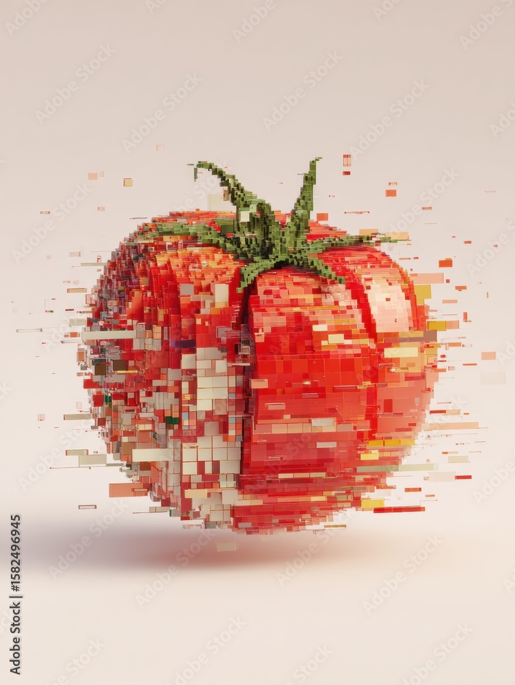 Poster realistic 3d tomato transformed into pixelated blocks in a tech-art style with a clean side margin e