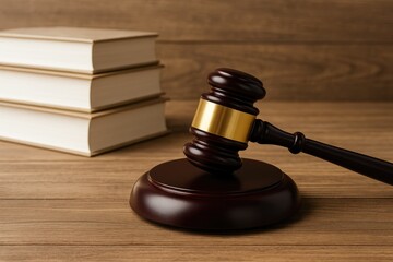 Wooden judge's hammer resting beside books on a wooden surface