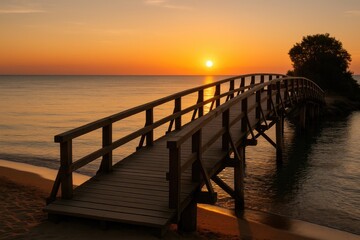 Obraz premium Secluded wooden bridge at dusk with sunset backdrop