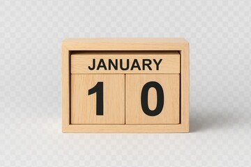 Close-up of a wooden calendar displaying January 10 with a white and transparent background