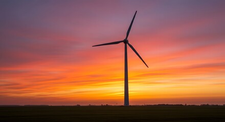 Fototapeta premium Silhouetted wind turbine stands tall against a vibrant sunset, showcasing renewable energy.