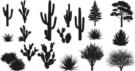 Silhouette collection of cactus, pine trees, desert and forest plants, black vector illustrations for nature design, landscape, botanical decoration
