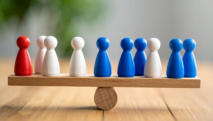 A blue pawn with yellow stars representing the EU sits elevated on one side of a wooden seesaw, while a plain red pawn rests lower on the opposite side—evoking imbalance, power dynamics, and geopoliti