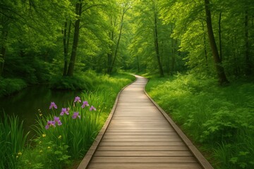 Lush forest scene featuring a wooden walkway in a European park, vertical high-resolution image