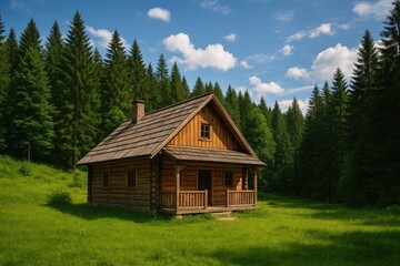 A cozy wooden cabin nestled amidst dense trees