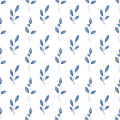 Seamless pattern with watercolor leaves navy blue, repeat floral texture, indigo background hand drawing. Perfectly for wrapping paper, wallpaper, fabric, texture and other printing.