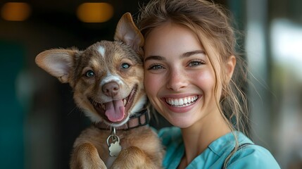 Obraz premium Joyful woman laughing with a playful dog