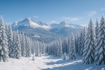 A snowy mountain landscape with pristine white snow and frost-covered trees
