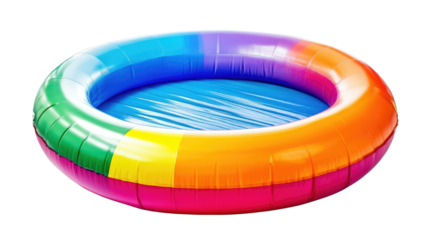 Colourful inflatable swimming pool with vibrant rings and playful summer design isolated on white background