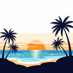 Tropical beach scene with palm trees silhouetted against a sunset over the ocean.