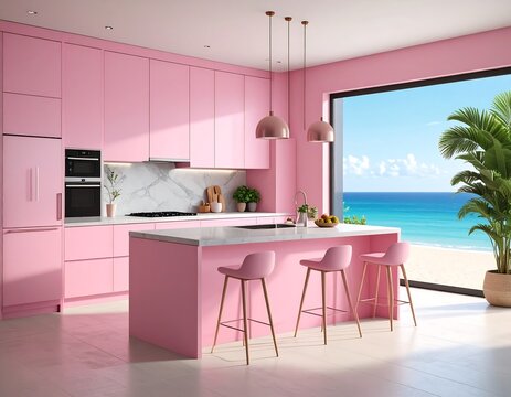 Vibrant pink kitchen with ocean view