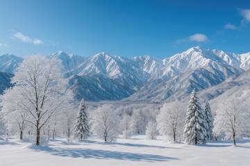 Snow-covered peaks and scenic vistas in a mountain region during winter