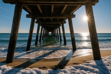 Chilly seaside stroll beneath the pier