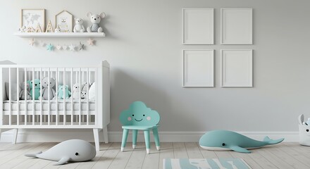 A light and airy nursery decorated with pastel-colored toys, a crib, and framed artwork.