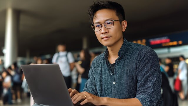 Young man using laptop in busy airport terminal during travel