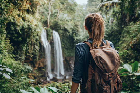 A traveler with a backpack explore nature generative AI