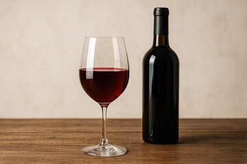 A glass of wine with a bottle in the backdrop