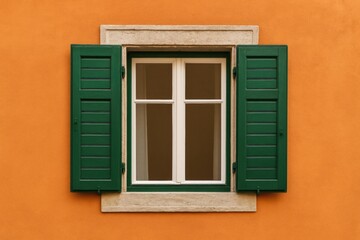 Fototapeta premium Green-shuttered window with a stone frame set against a vibrant orange wall