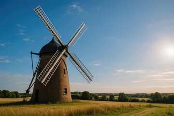 Blue sky backdrop featuring a classic windmill