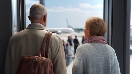 Senior couple arriving at airport to catch flight on a sunny day with busy terminal in background