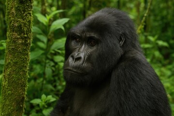 Naklejka premium Majestic wild gorilla in a lush tropical forest setting