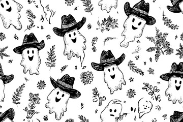 Obraz premium Seamless pattern of groovy retro hand-drawn cow ghosts wearing cowboy hats with rodeo and wild west floral accents, playful Halloween howdy style, crisp clean black ink vector design 