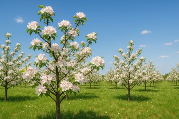 Broad perspective of flowering fruit trees under a clear blue sky in an orchard