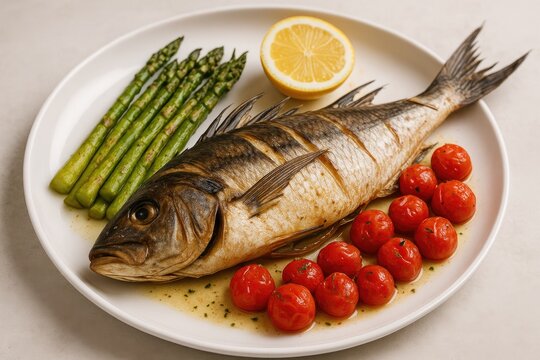 Whole baked fish served with marinated asparagus and cherry tomatoes on a white dish