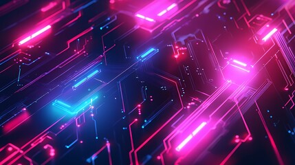 Abstract Neon Circuit Board Design With Pink And Blue Lines