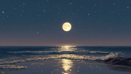 Serene coastal scene at night, featuring a full moon illuminating a calm ocean under a starlit sky; gentle waves lap a sandy shore